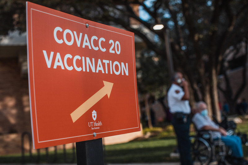 COVID-19 vaccination sign on campus.