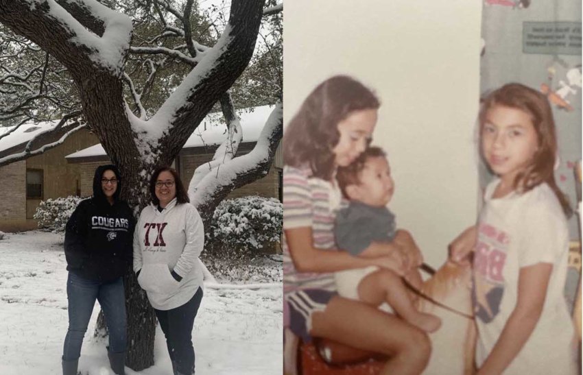 Iris Treviño Facundo and Evie Garcia-Rodriguez stand in the snow.
