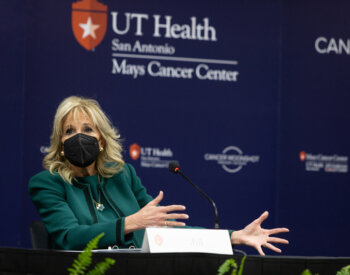 First lady Jill Biden speaks at Mays Cancer Center.