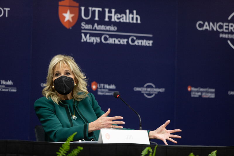 First lady Jill Biden speaks at Mays Cancer Center.