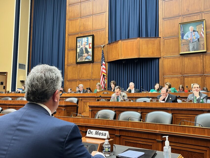 Photo of Dr. Ruben Mesa, cancer expert, speaking before a House subcommittee