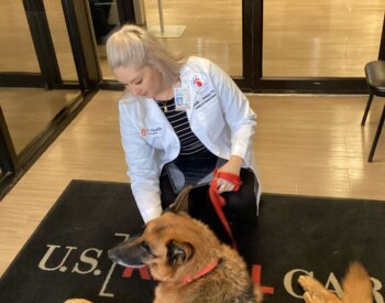 Dr. Meredith Stensland sits at the entrance of a dialysis clinic with Buddy, a German shepherd therapy dog.