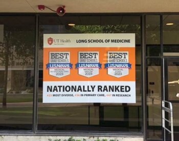 The Long School of Medicine's national rankings are displayed on banners on the Long Campus.