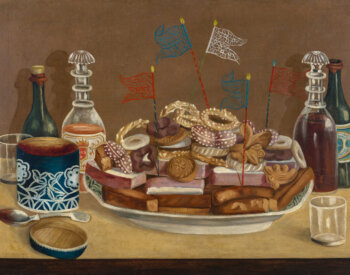 Oil painting of pastries with jam and drinks. 