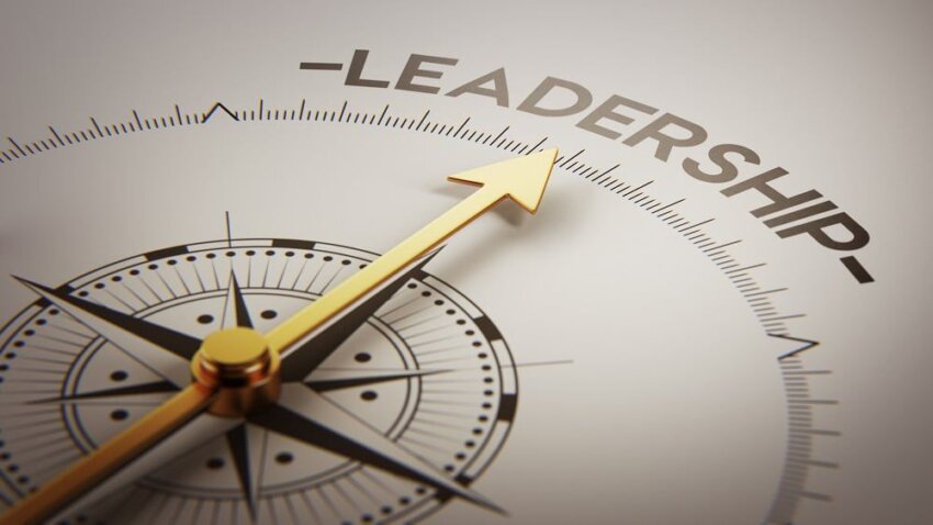 A compass pointing to the word leadership.