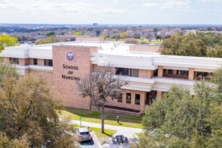 Aerial photo of the School of Nursing building on Long Campus.