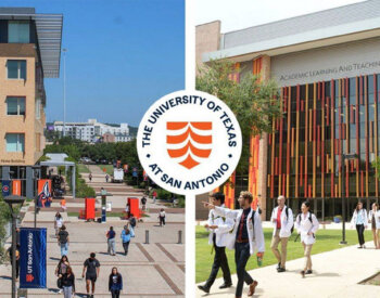 a photo collage of the academic campus and health campus of UT San Antonio