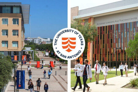 a photo collage of the academic campus and health campus of UT San Antonio