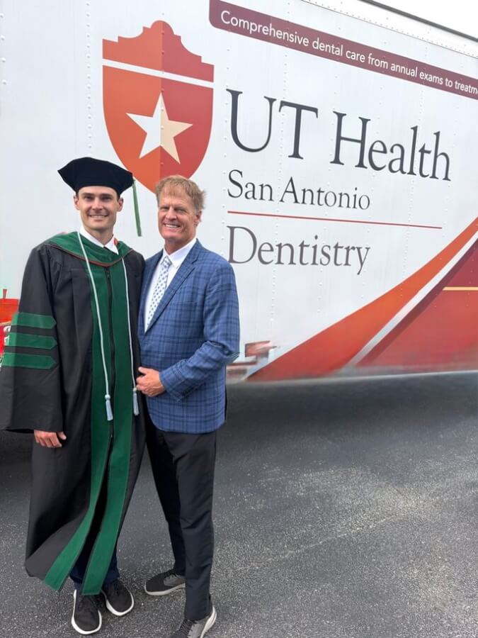 Jared Tuttle and his father, XX Tuttle are seen during Jared's graduation from medical school this spring at UT Health San Antonio. 