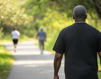 Stock image of an aging Black African American man, walking on a walking trail, exercise outdoors, some other people in background. Elderly Black man in good health, walking or jogging outdoors.