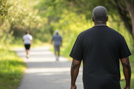 Stock image of an aging Black African American man, walking on a walking trail, exercise outdoors, some other people in background. Elderly Black man in good health, walking or jogging outdoors.