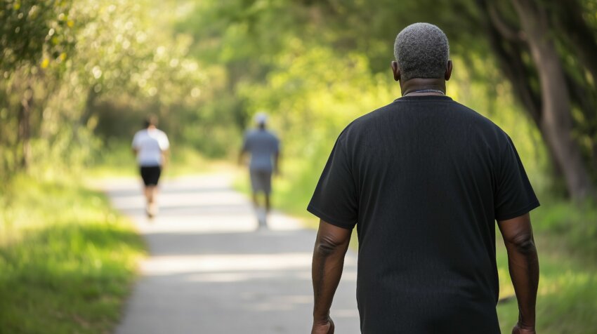 Stock image of an aging Black African American man, walking on a walking trail, exercise outdoors, some other people in background. Elderly Black man in good health, walking or jogging outdoors.