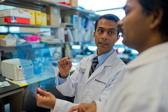 Manjeet K. Rao, PhD, professor and deputy director of the Greehey Institute, speaking to a colleague in the lab.